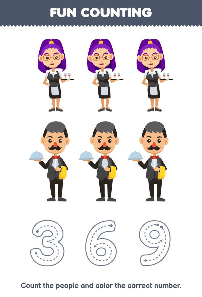 Education game for children count the pictures and color the correct number from cute cartoon waiter and waitress printable profession worksheet vector