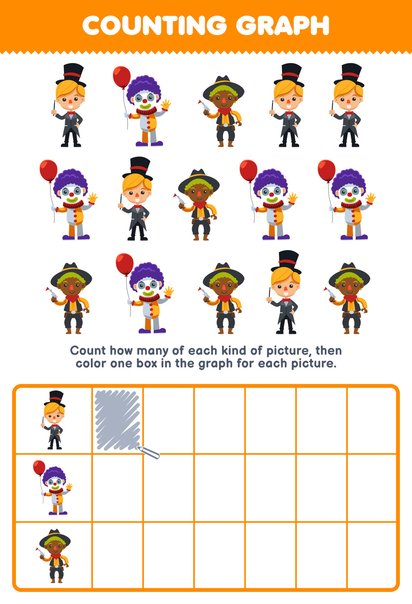 Education game for children count how many cute cartoon magician clown
