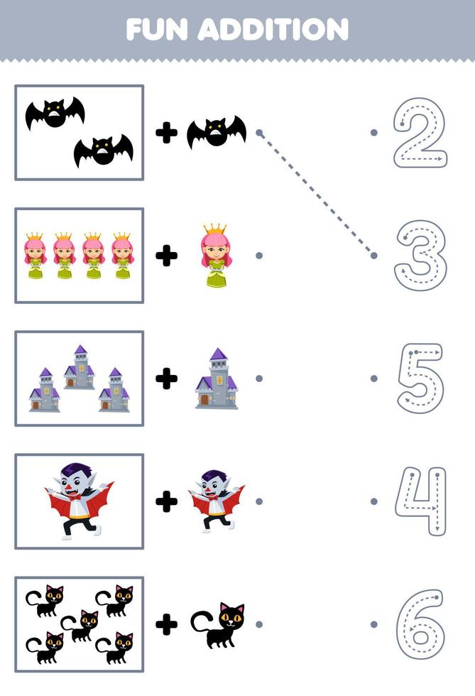 juego educativo para niños divertido contar y agregar un lindo conjunto de dibujos animados de drácula y luego elegir el número correcto trazando la línea de la hoja de trabajo de halloween vector