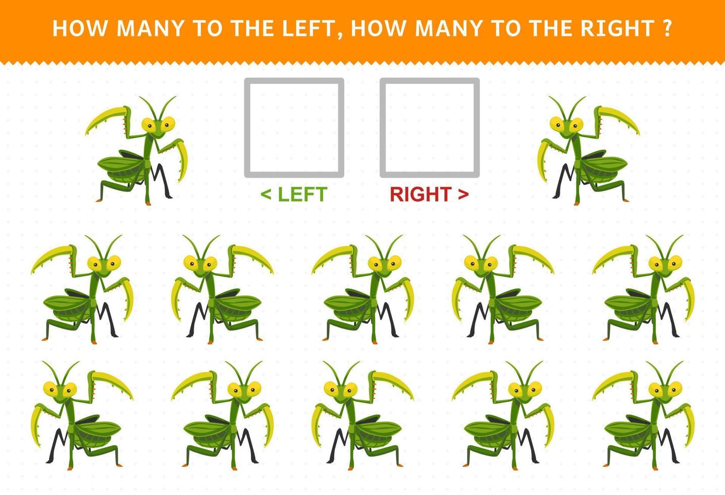 Education game for children match by direction left right up or down orientation of cute cartoon mantis printable bug worksheet vector