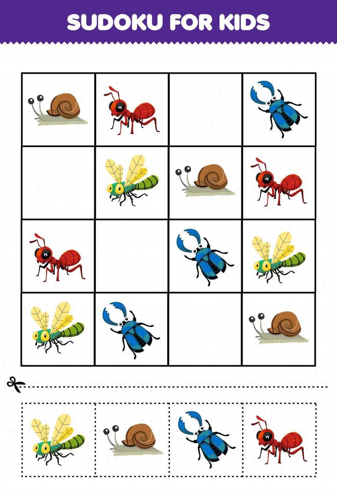 Education game for children sudoku for kids with cute cartoon dragonfly snail beetle ant printable bug worksheet vector