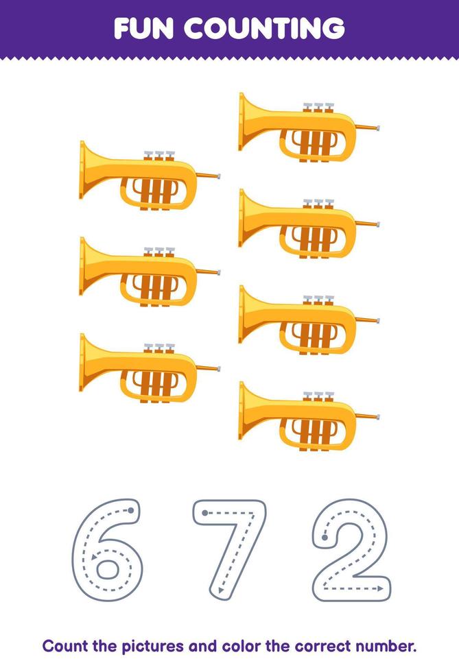 Education game for children count the pictures and color the correct number from cartoon trumpet printable music instrument worksheet vector