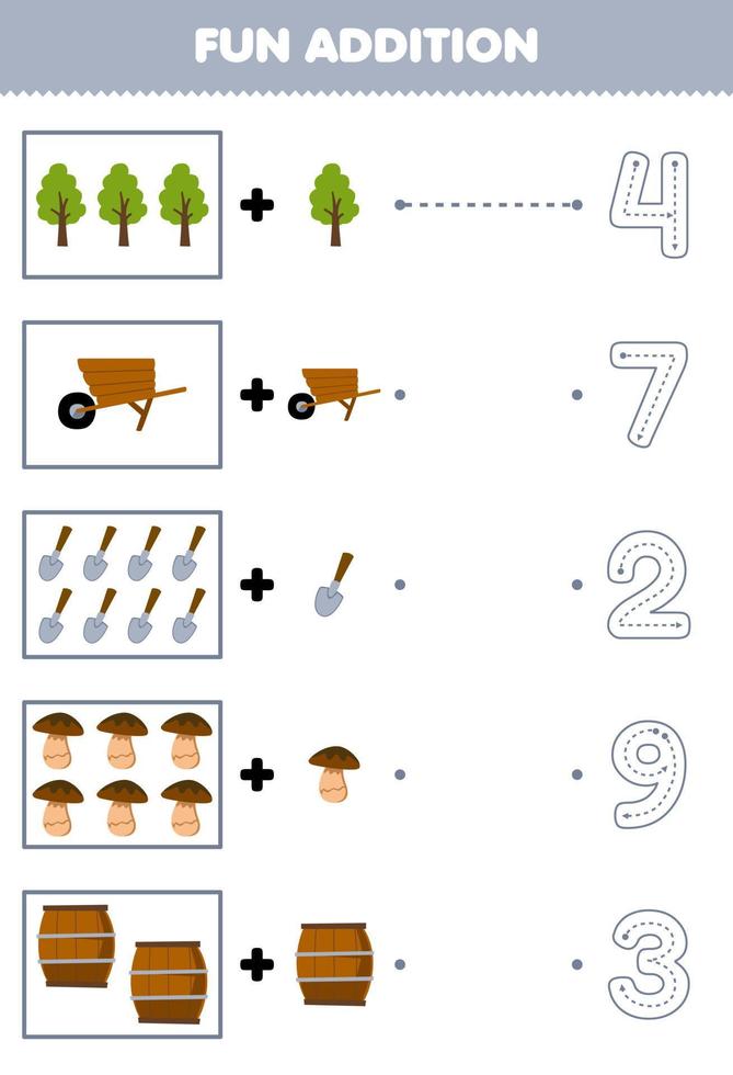 juego educativo para niños divertido adición de dibujos animados árbol carretilla pala hongo barril luego elija el número correcto trazando la hoja de trabajo de la granja de línea vector