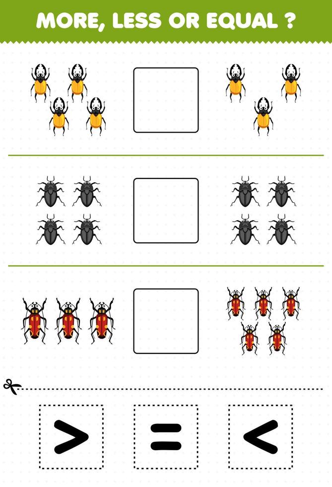 juego educativo para niños más menos o igual contar la cantidad de lindo escarabajo de dibujos animados luego cortar y pegar cortar la hoja de trabajo de error de señal correcta vector