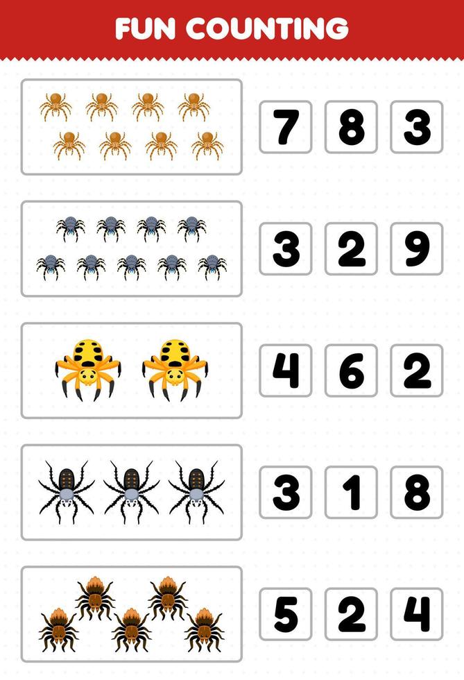 divertido juego educativo para niños contando y eligiendo el número correcto de hoja de trabajo de error imprimible de araña de dibujos animados lindo vector