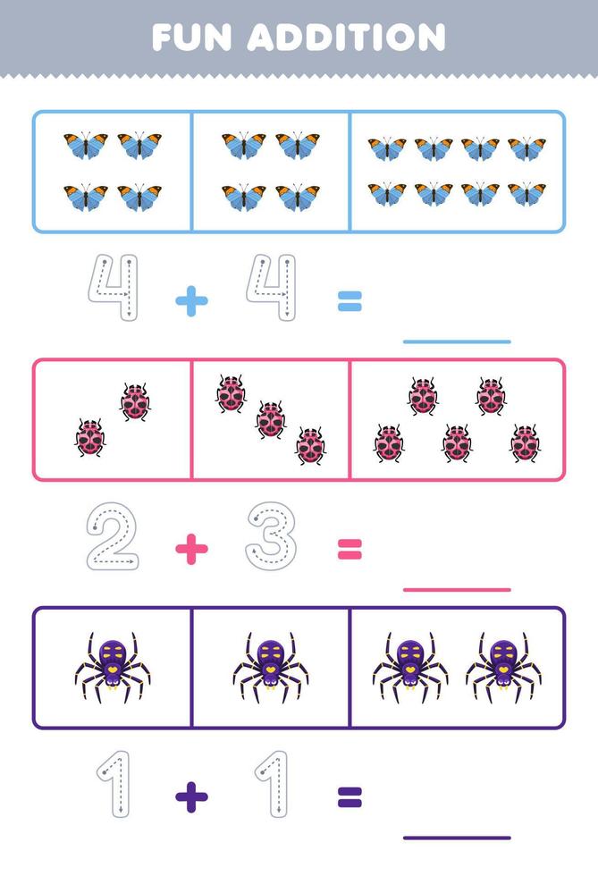 Education game for children fun addition by counting and tracing the number of cute cartoon butterfly ladybug spider printable bug worksheet vector