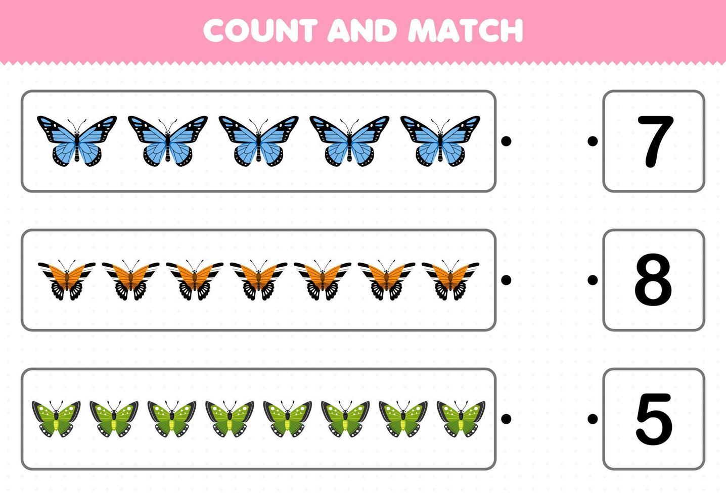 juego educativo para niños cuente el número de mariposas de dibujos animados lindos y haga coincidir con los números correctos hoja de trabajo de error imprimible vector