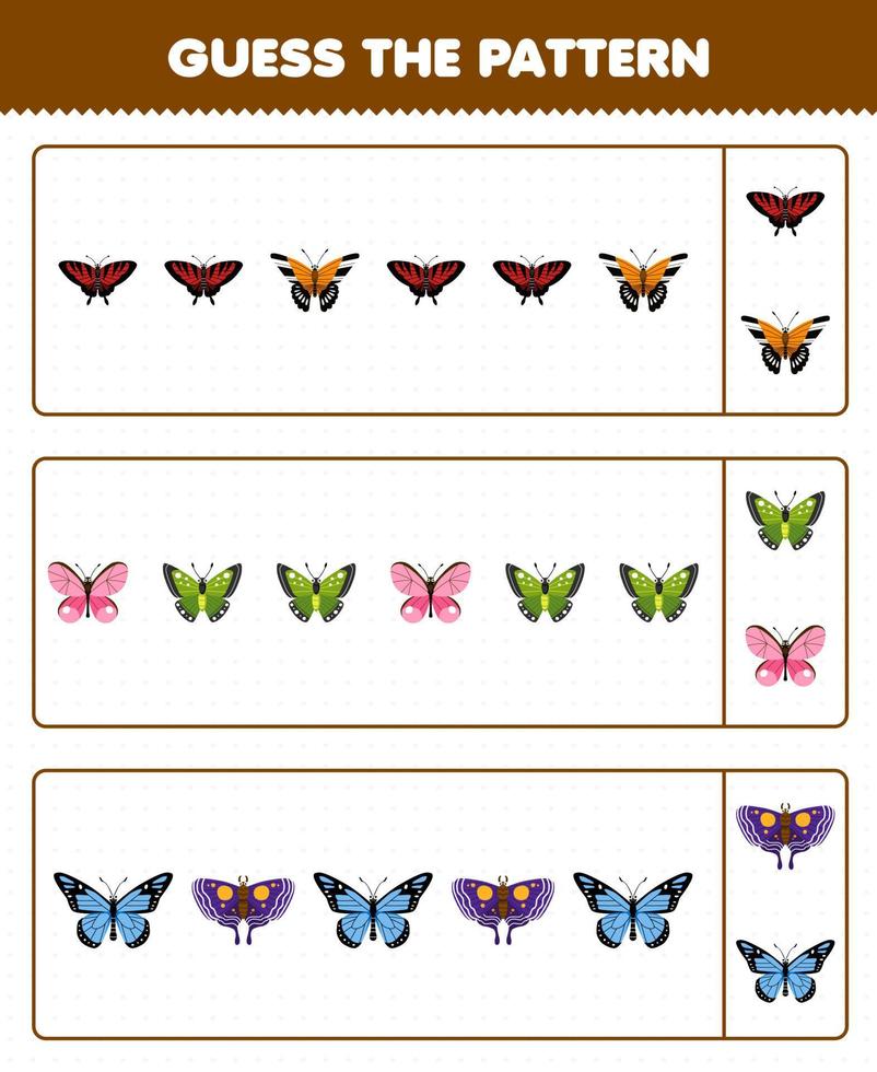 Education game for children guess the pattern each row from cute cartoon butterfly printable bug worksheet vector