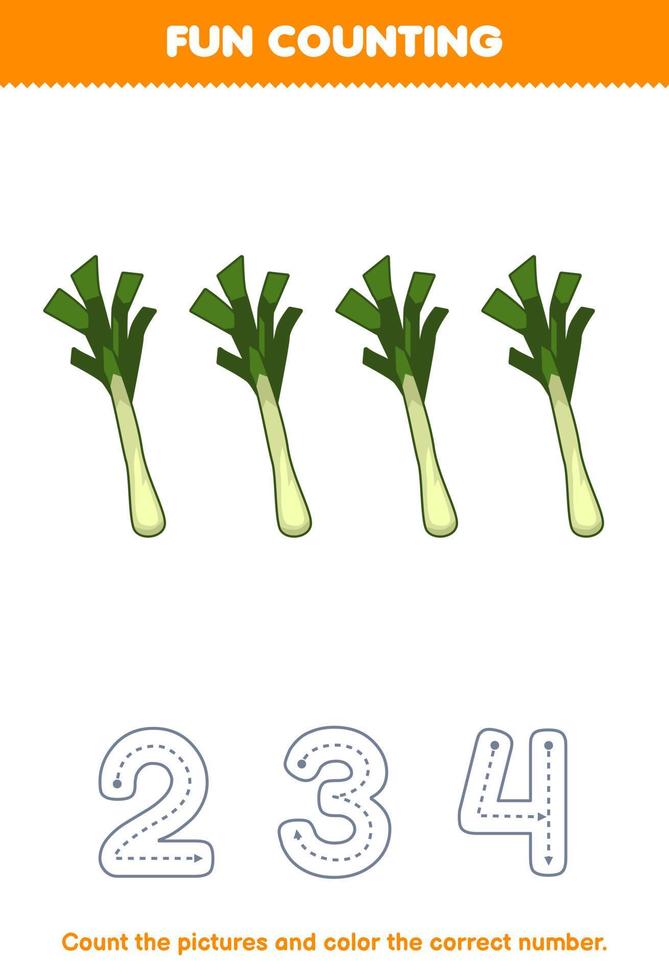 Education game for children count the pictures and color the correct number from cute cartoon leek printable vegetable worksheet vector