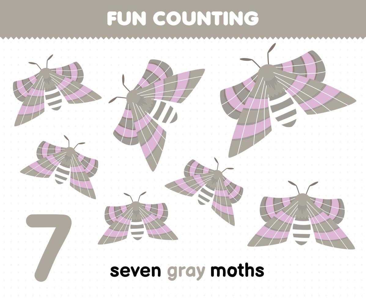 Education game for children fun counting seven gray moths printable bug worksheet vector