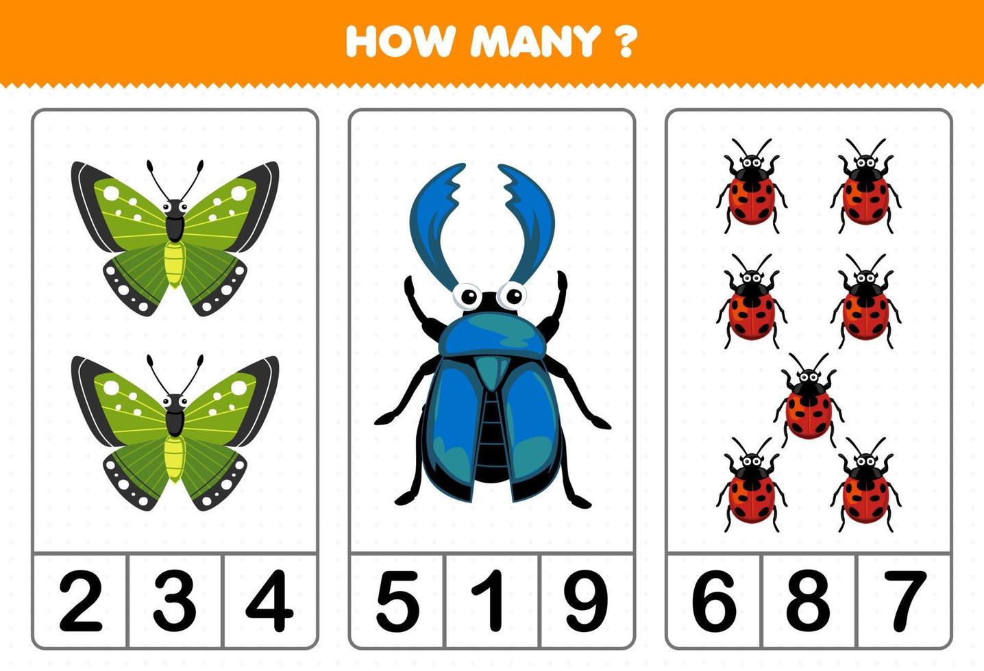 juego educativo para niños contando cuántos lindos dibujos animados mariposa escarabajo mariquita hoja de trabajo de error imprimible vector