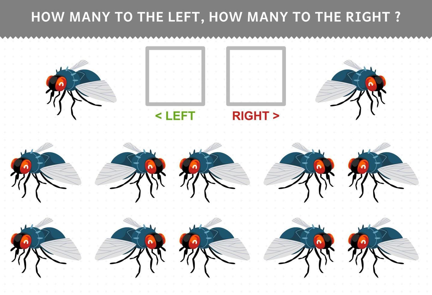 juego educativo para niños emparejar por dirección izquierda derecha arriba o abajo orientación de la hoja de trabajo de insecto imprimible de mosca de dibujos animados lindo vector