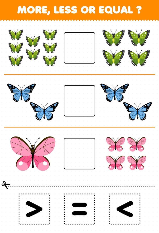 juego de educación para niños más menos o igual cuente la cantidad de mariposa de dibujos animados lindos, luego corte y pegue la hoja de trabajo de error de señal correcta vector