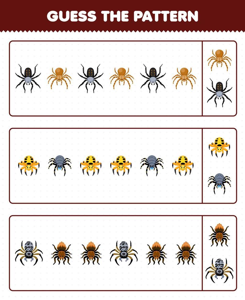 juego educativo para niños adivinar el patrón de cada fila de la linda hoja de trabajo imprimible de insecto de araña de dibujos animados vector