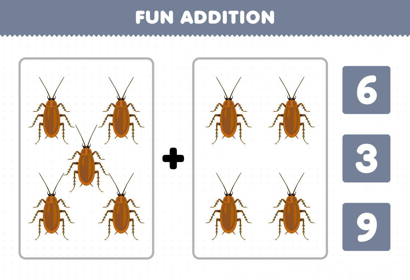 juego de educación para niños diversión adición por conteo y elija la respuesta correcta de la hoja de trabajo de error imprimible de cucaracha de dibujos animados lindo vector