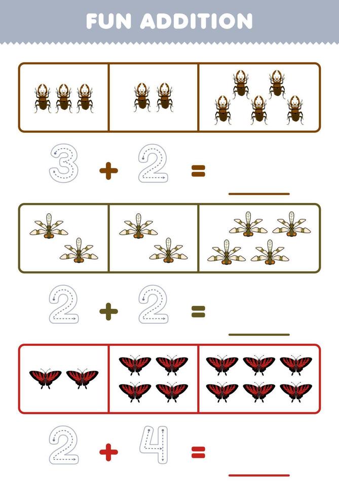 Education game for children fun addition by counting and tracing the number of cute cartoon beetle dragonfly butterfly printable bug worksheet vector