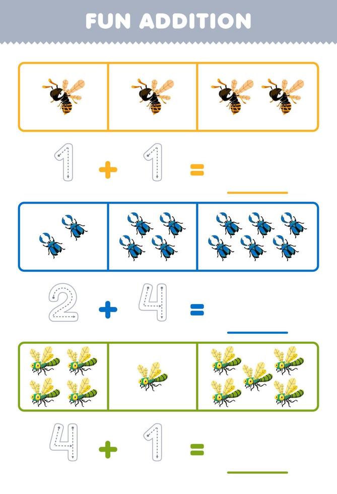 Education game for children fun addition by counting and tracing the number of cute cartoon bee beetle dragonfly printable bug worksheet vector