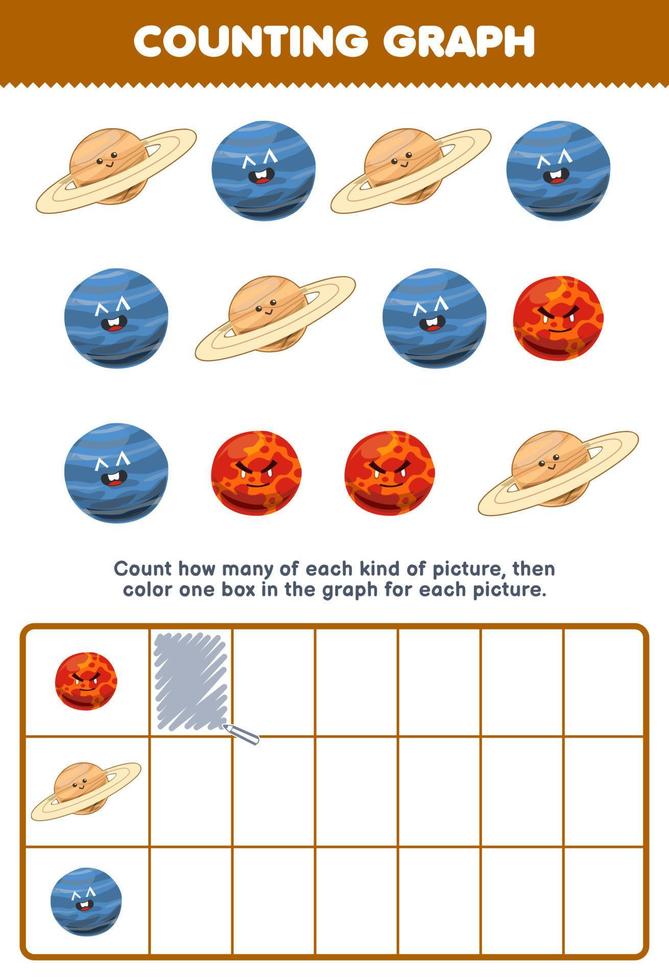 Education game for children count how many cute cartoon saturn mars neptune planet then color the box in the graph printable solar system worksheet vector