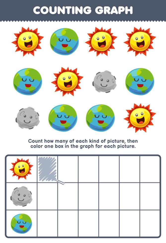 Education game for children count how many cute cartoon sun moon earth planet then color the box in the graph printable solar system worksheet vector