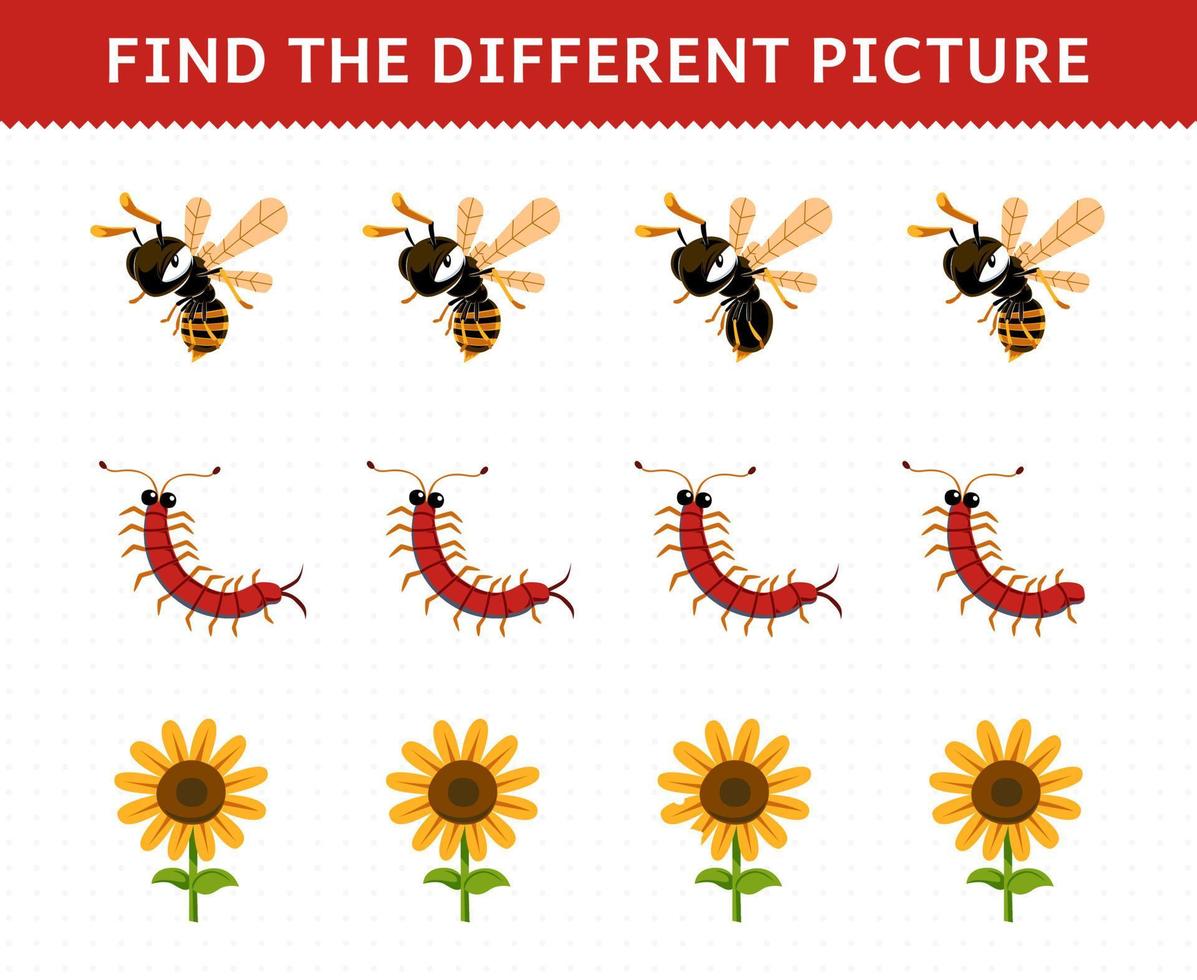 Education game for children find the different picture in each row of cute cartoon bee centipede sunflower printable bug worksheet vector