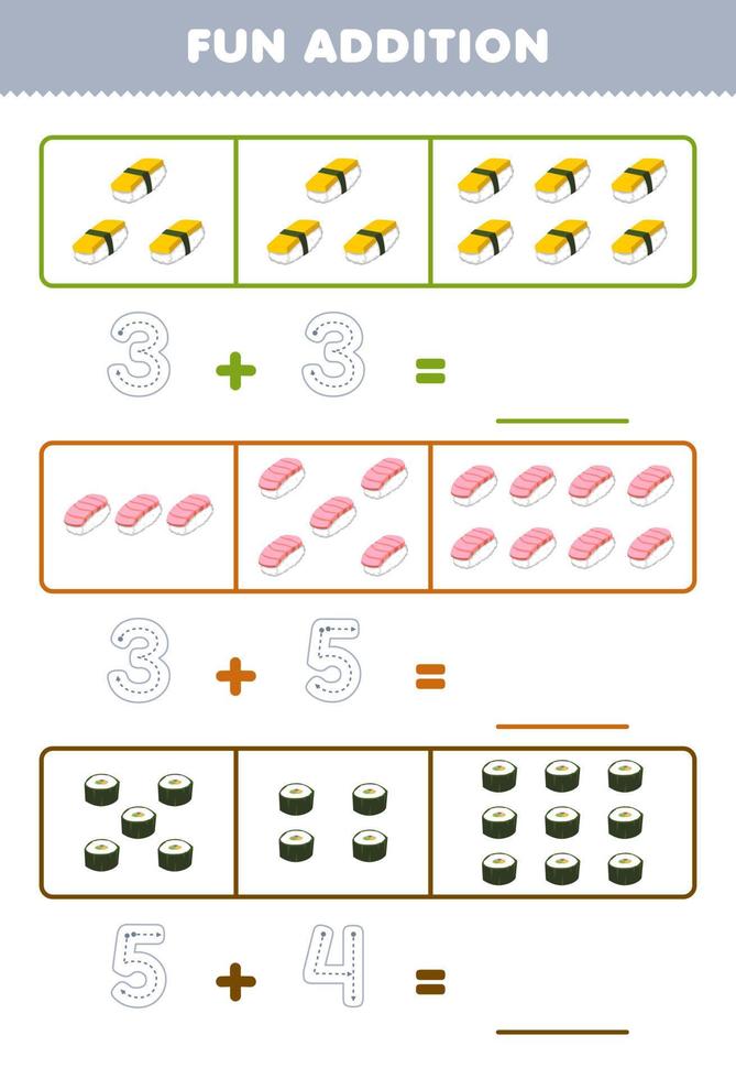 Education game for children fun addition by counting and tracing the number of cute cartoon sushi printable japanese food worksheet vector