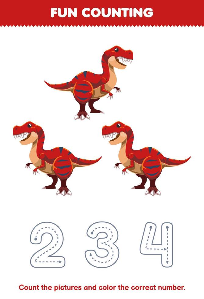 Education game for children count the pictures and color the correct number from cute cartoon tyrannosaurus printable prehistoric dinosaur worksheet vector