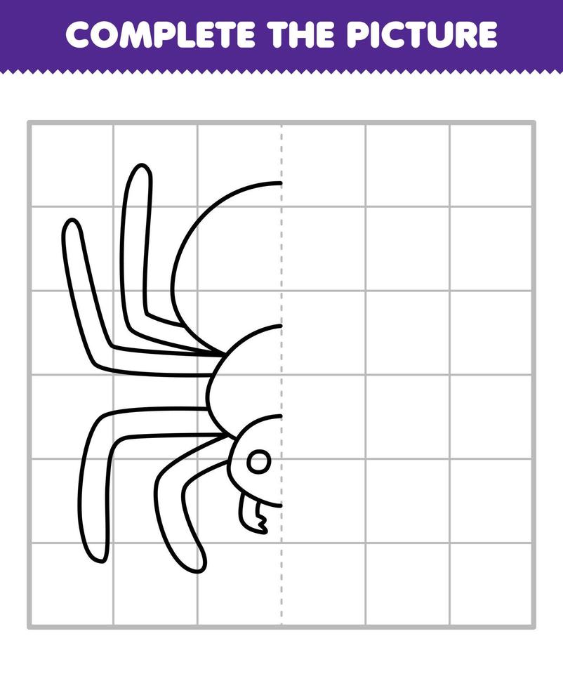 Education game for children complete the picture of cute cartoon spider half outline for drawing printable bug worksheet vector