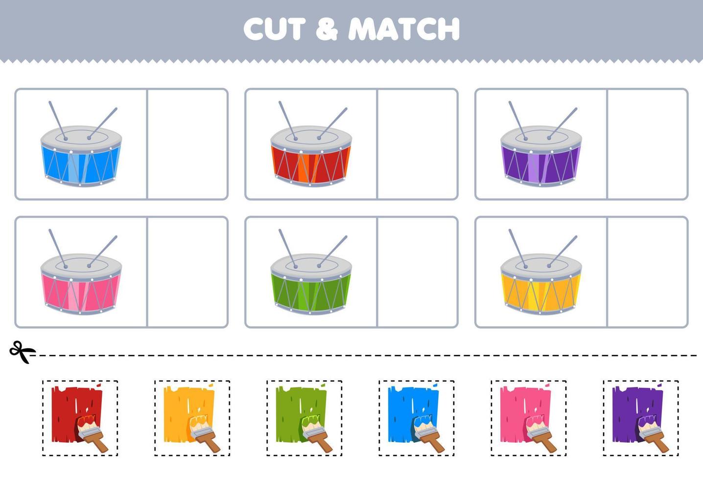 juego educativo para niños cortar y combinar el mismo color de tambor de dibujos animados hoja de trabajo de instrumento musical imprimible vector