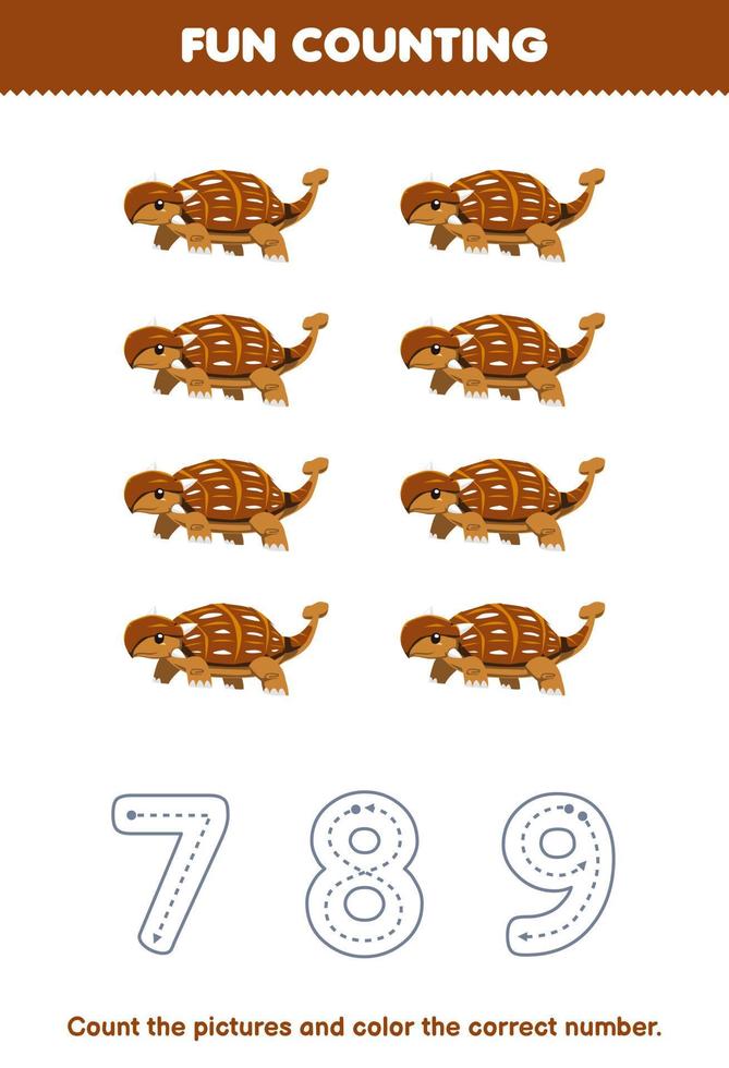 Education game for children count the pictures and color the correct number from cute cartoon ankylosaurus printable prehistoric dinosaur worksheet vector