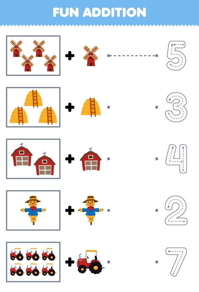 juego educativo para niños divertido adición de dibujos animados molino de viento pajar granero espantapájaros tractor luego elija el número correcto trazando la hoja de trabajo de granja de línea vector