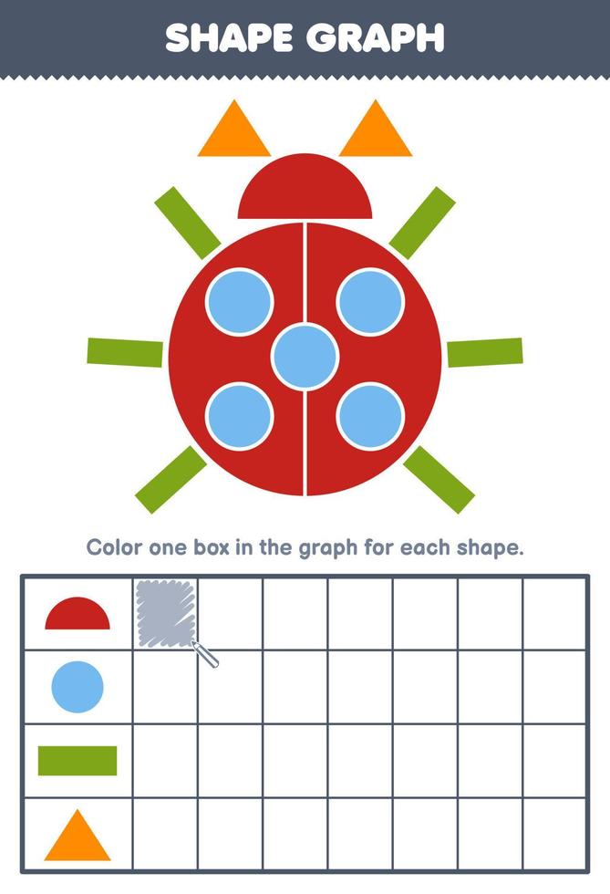 Education game for children count how many shape of semicircle circle rectangle and triangle then color the box in the graph printable shapes worksheet vector