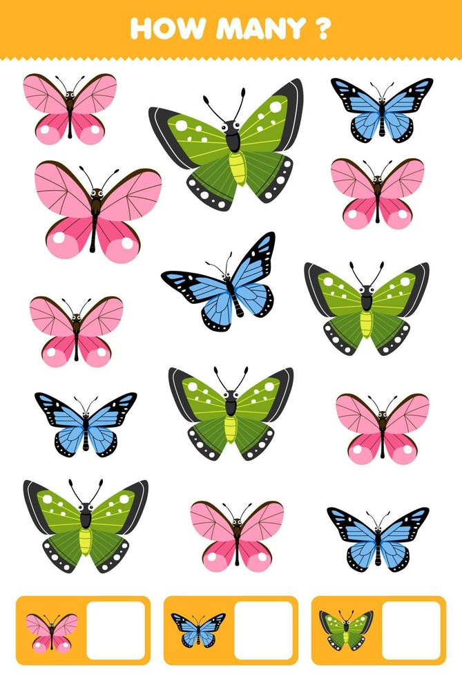 Education game for children searching and counting how many objects of cute cartoon butterfly printable bug worksheet vector