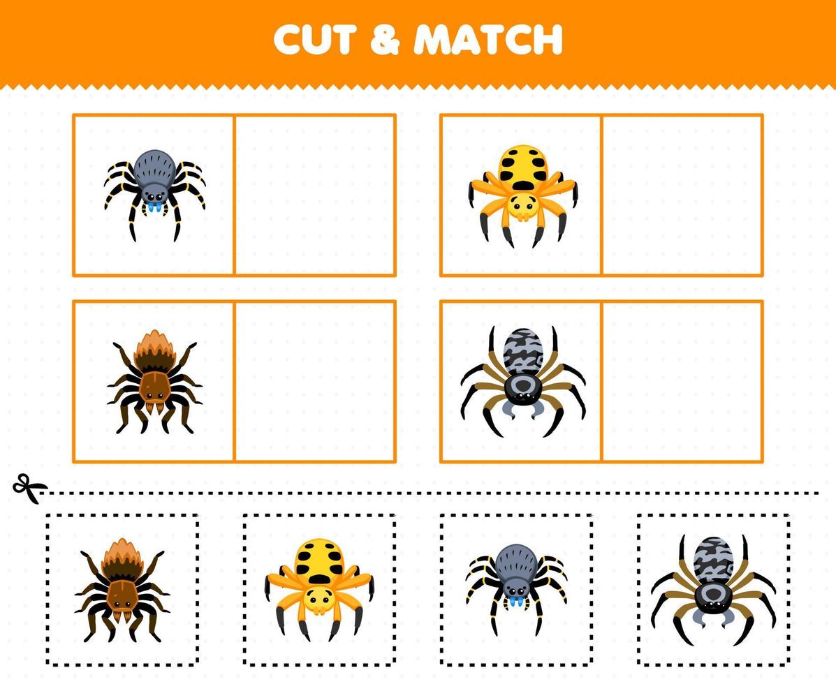 juego educativo para niños corta y combina la misma imagen de la linda hoja de trabajo imprimible del insecto de la araña de dibujos animados vector