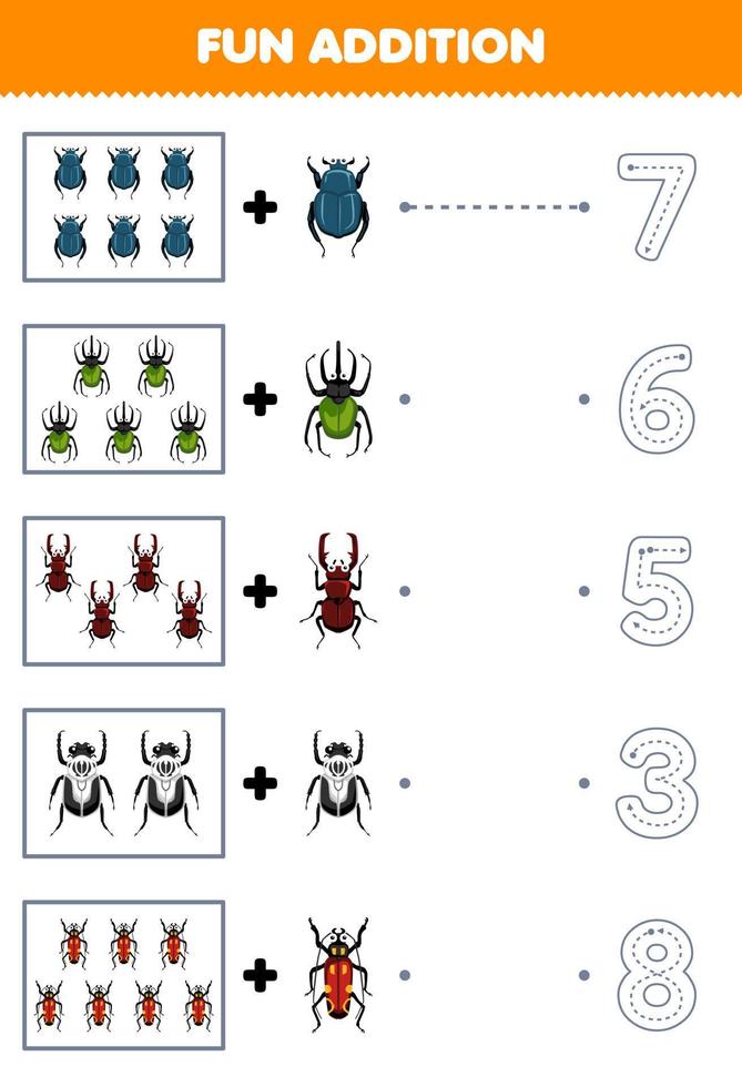 juego educativo para niños divertido adición de escarabajo de dibujos animados lindo luego elija el número correcto rastreando la hoja de trabajo de error de línea vector