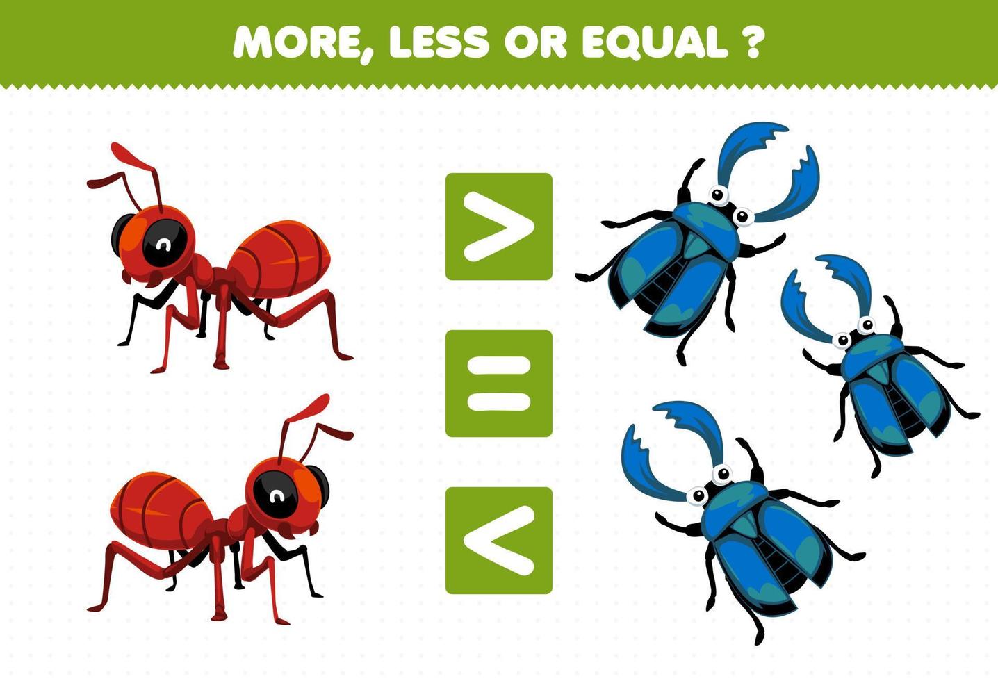 Education game for children more less or equal count the amount of cute cartoon ant and stag beetle printable bug worksheet vector