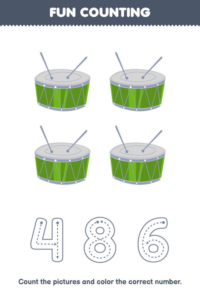 Education game for children count the pictures and color the correct number from cartoon drum printable music instrument worksheet vector