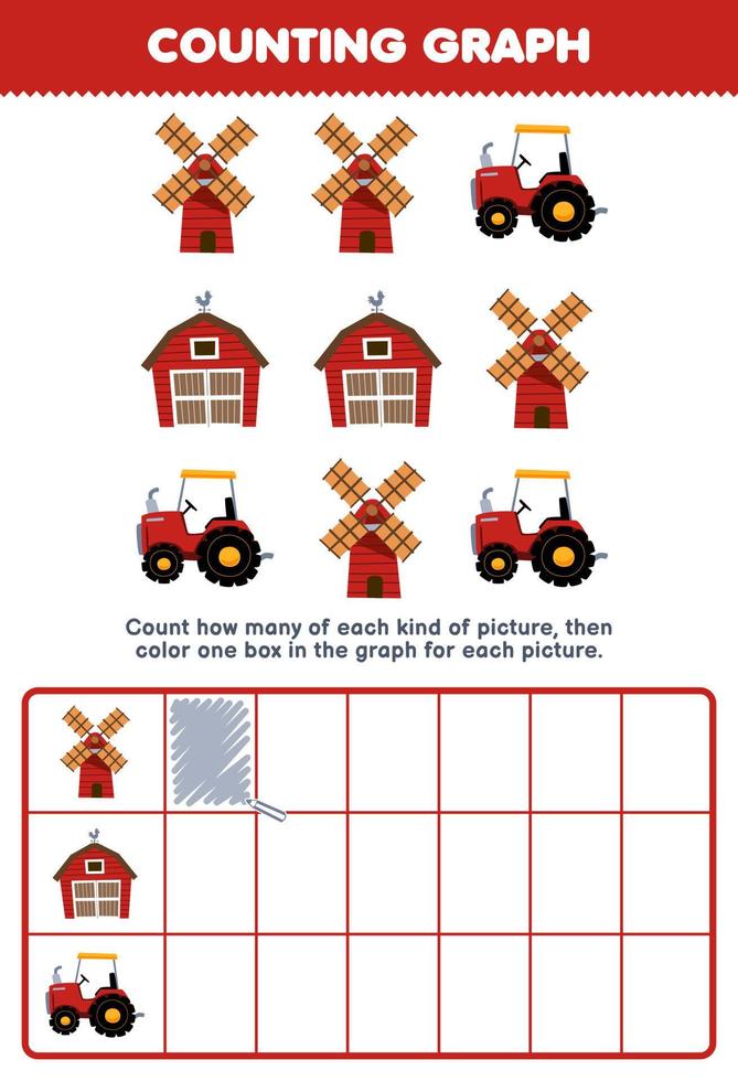 Education game for children count how many cute cartoon windmill barn tractor then color the box in the graph printable farm worksheet vector