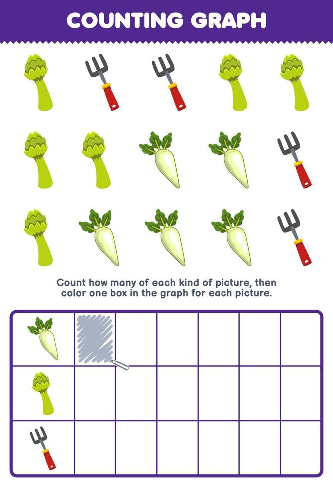 Education game for children count how many cute cartoon radish asparagus rake then color the box in the graph printable vegetable worksheet vector