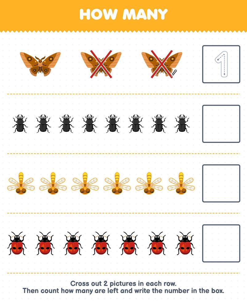 Education game for children count how many cute cartoon moth beetle dragonfly ladybug and write the number in the box printable bug worksheet vector