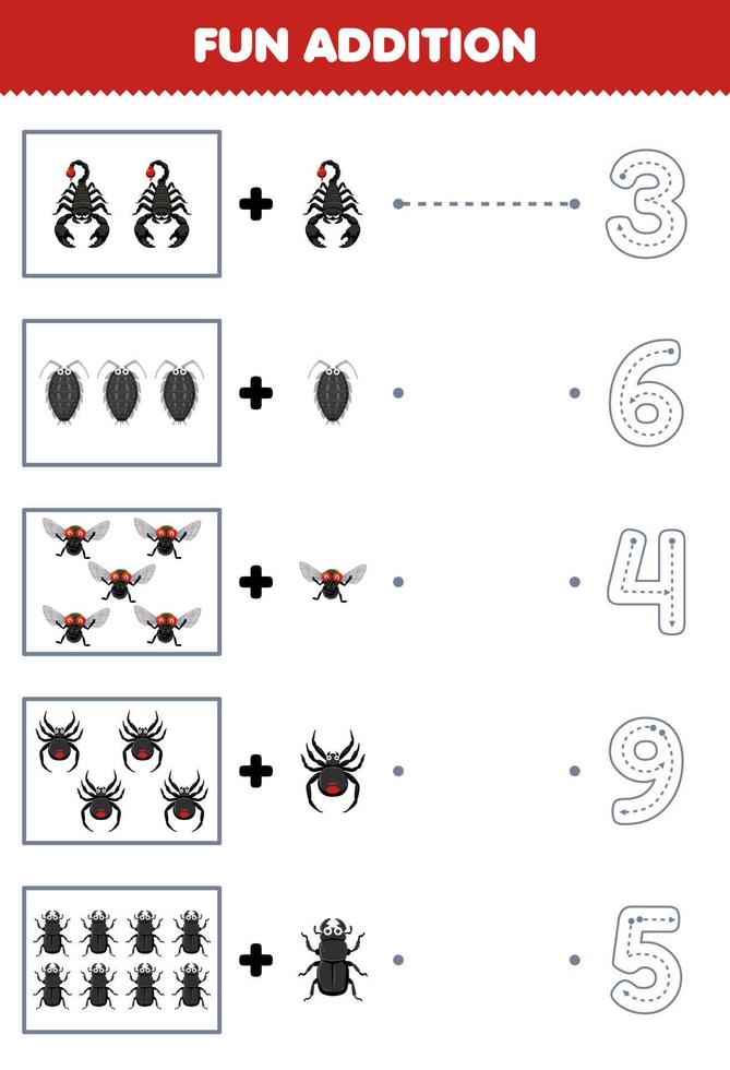 juego educativo para niños divertido adición de dibujos animados lindo escorpión piojo mosca araña escarabajo luego elija el número correcto rastreando la hoja de trabajo de error de línea vector