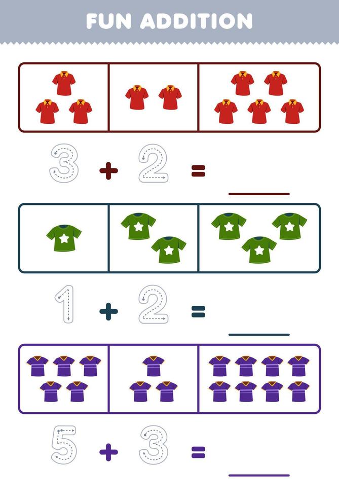 Education game for children fun addition by counting and tracing the number of cute cartoon polo shirt jersey printable wearable clothes worksheet vector