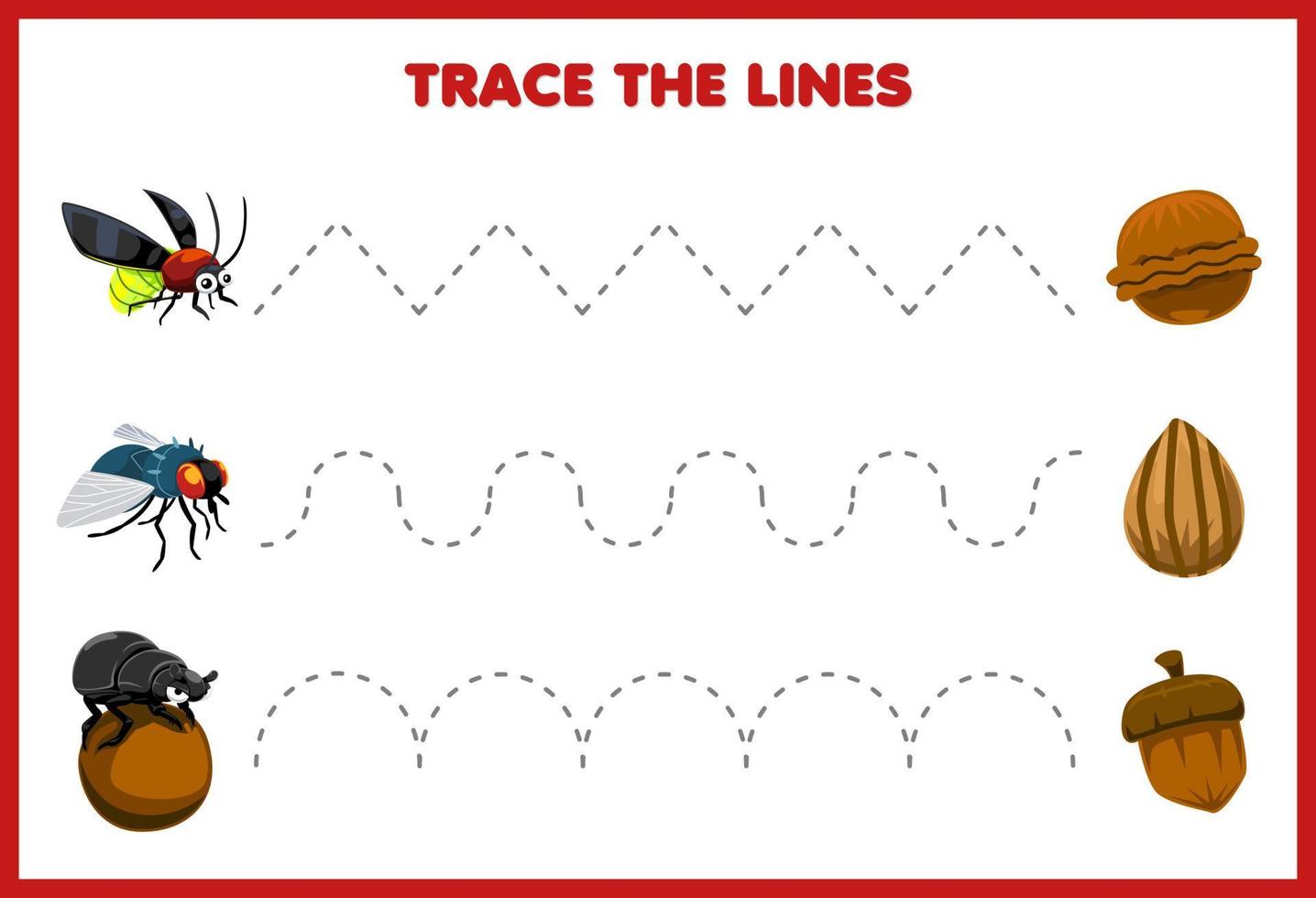 Education game for children handwriting practice trace the lines with cute cartoon firefly fly and beetle picture printable bug worksheet vector