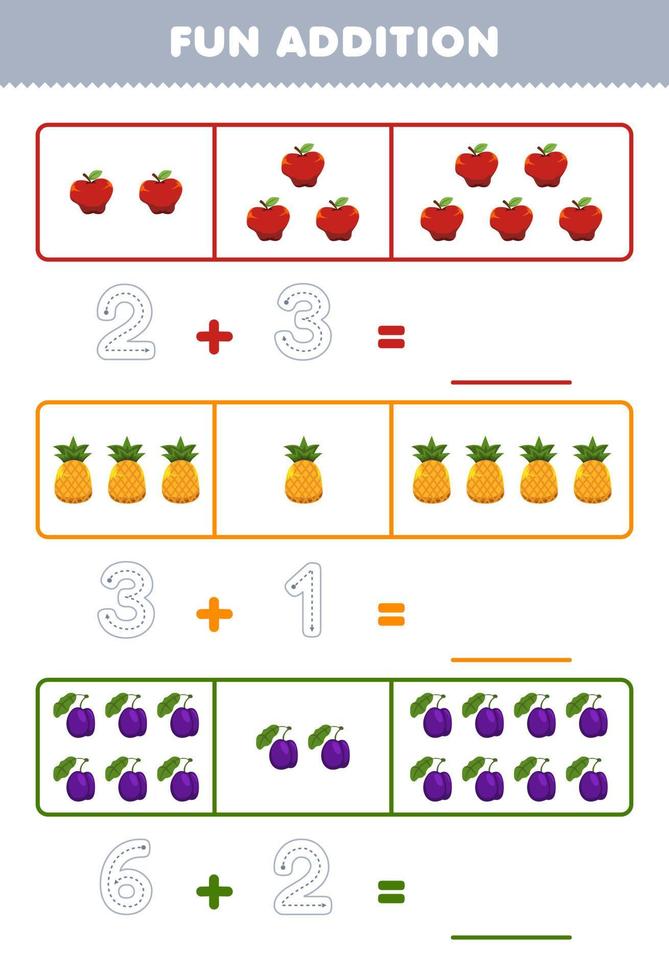 juego educativo para niños divertido además contando y rastreando el número de dibujos animados lindo manzana piña ciruela hoja de trabajo de fruta imprimible vector