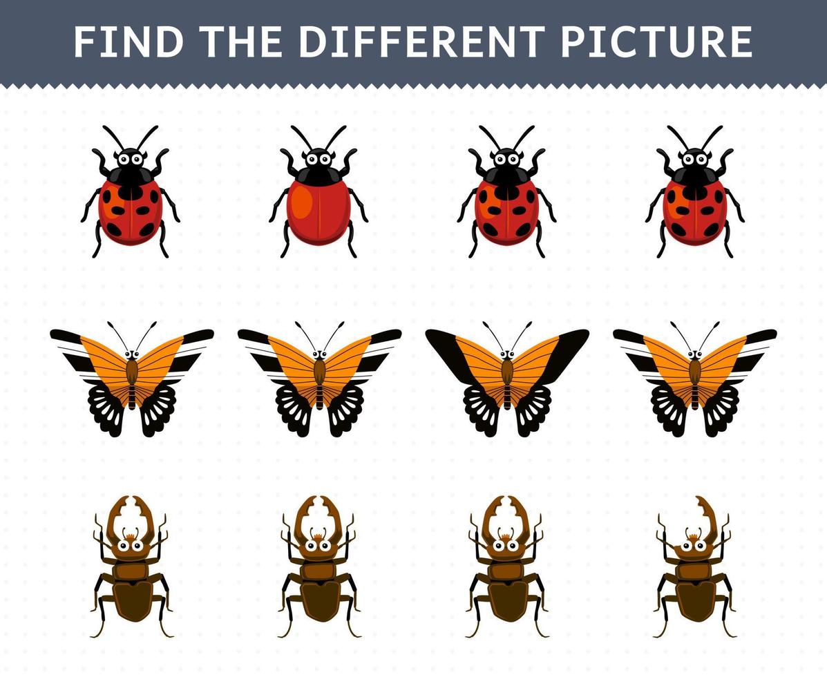 juego educativo para niños encuentra la imagen diferente en cada fila de la hoja de trabajo de error imprimible del escarabajo mariposa mariquita de dibujos animados lindo vector