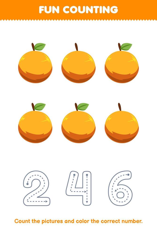 Education game for children count the pictures and color the correct number from cute cartoon orange printable fruit worksheet vector