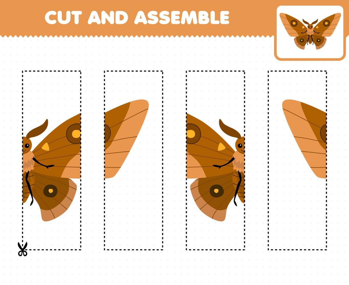 Education game for children cutting practice and assemble puzzle with cute cartoon brown butterfly moth printable bug worksheet vector