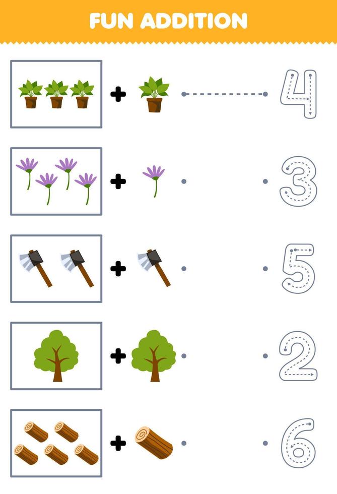 Education game for children fun addition of cartoon plant flower ax tree wood log then choose the correct number by tracing the line farm worksheet vector