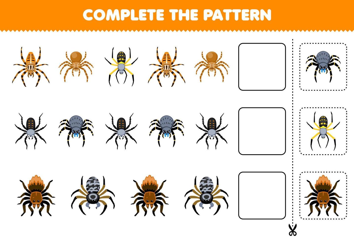 el juego educativo para niños completa el patrón de la hoja de trabajo de error imprimible de araña de dibujos animados lindo vector