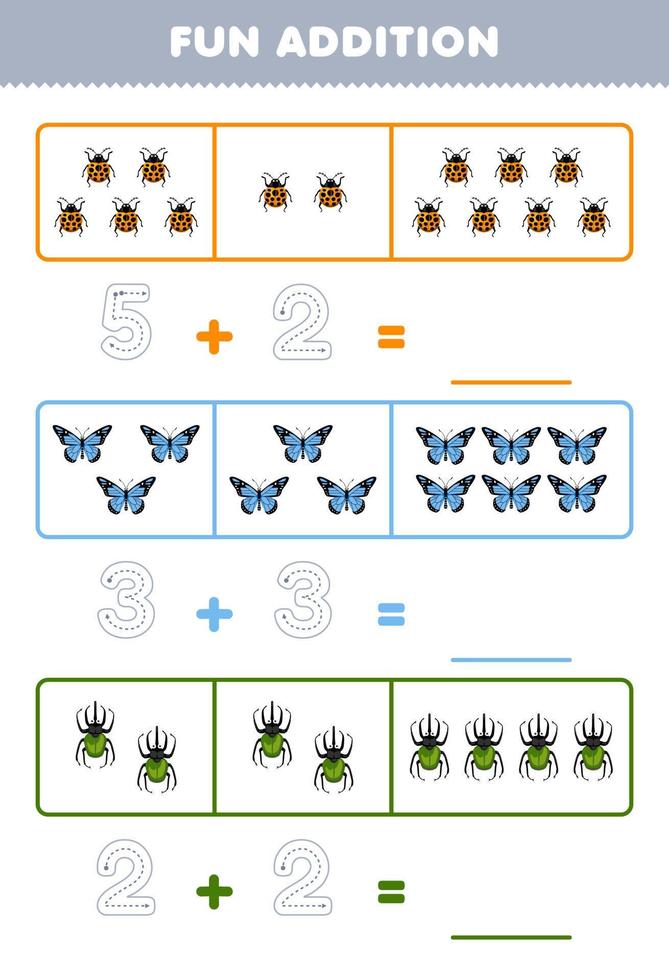 juego educativo para niños divertido además contando y rastreando el número de dibujos animados lindo mariquita mariposa escarabajo hoja de trabajo de error imprimible vector