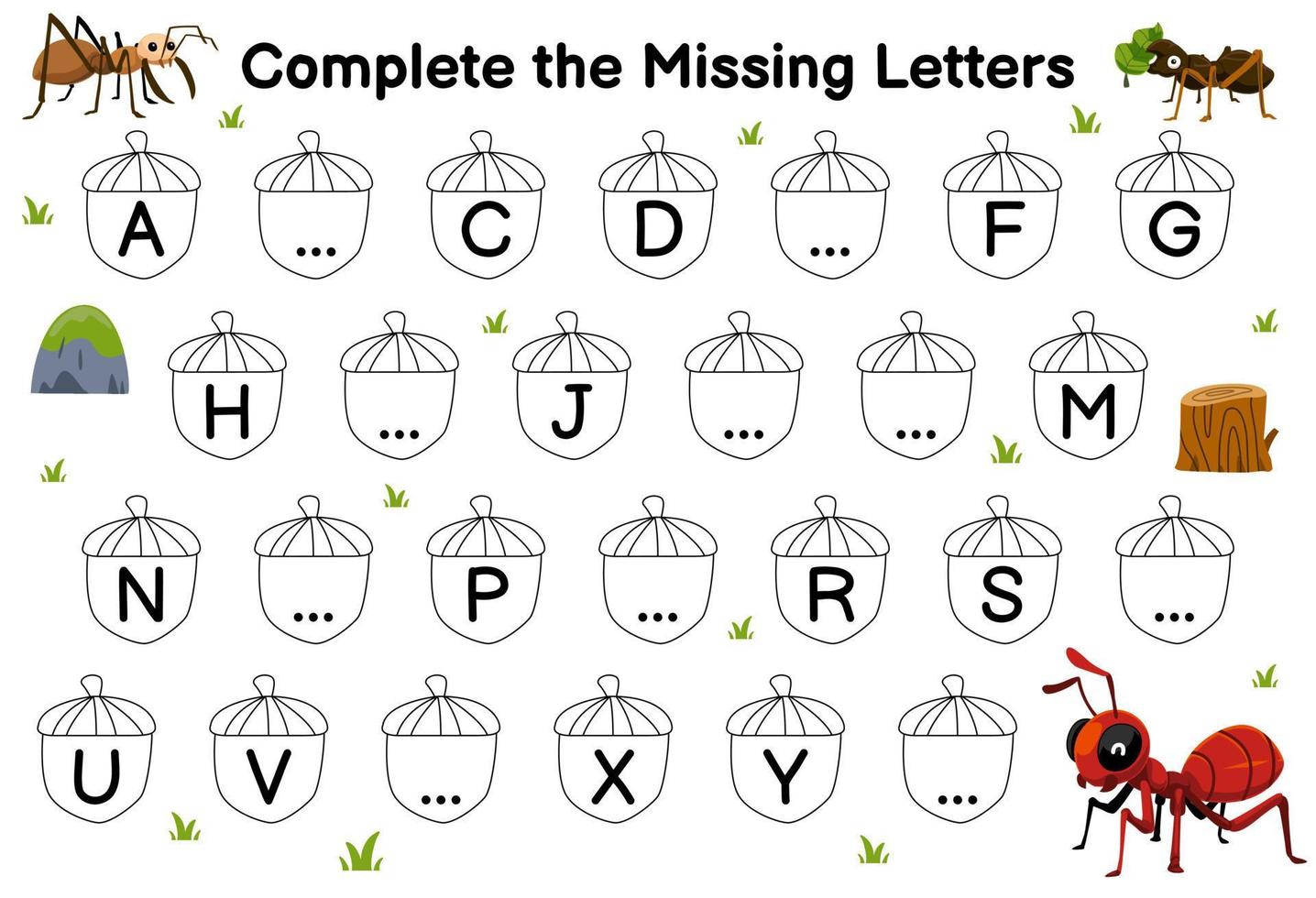 Education game for complete the missing letters with cute cartoon ant picture printable bug worksheet vector